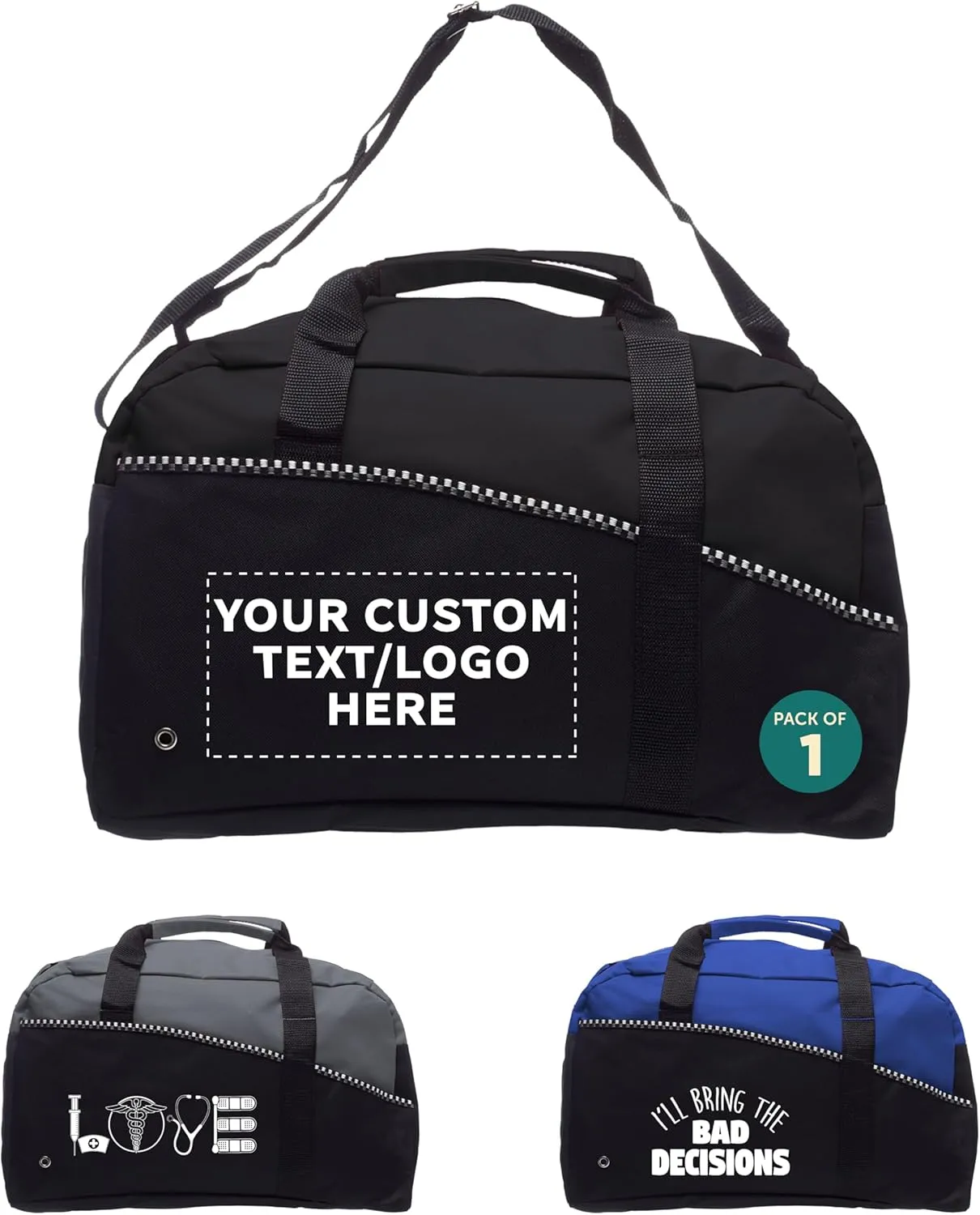 1 Center Court Duffel Bags Set - Customizable Text, Logo - Polyester, Zippered, Front Pocket, Adjustable Strap - Black