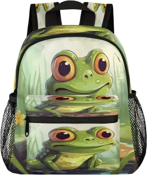 12 Inch Cute Mini Book Bag Small Backpack Multi Compartment Backpack With Chest Strap Cute Pond Frog Waterproof Casual Daypack Travel Bag, Green Frog