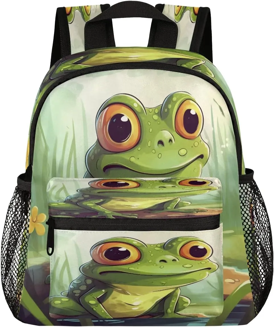 12 Inch Cute Mini Book Bag Small Backpack Multi Compartment Backpack With Chest Strap Cute Pond Frog Waterproof Casual Daypack Travel Bag, Green Frog