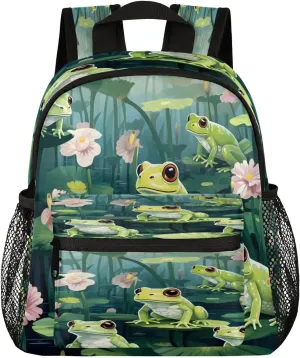 12 Inch Cute Mini Book Bag Small Backpack Multi Compartment Backpack With Chest Strap Lotus Waterproof Casual Daypack Travel Bag, Pond Green Frogs