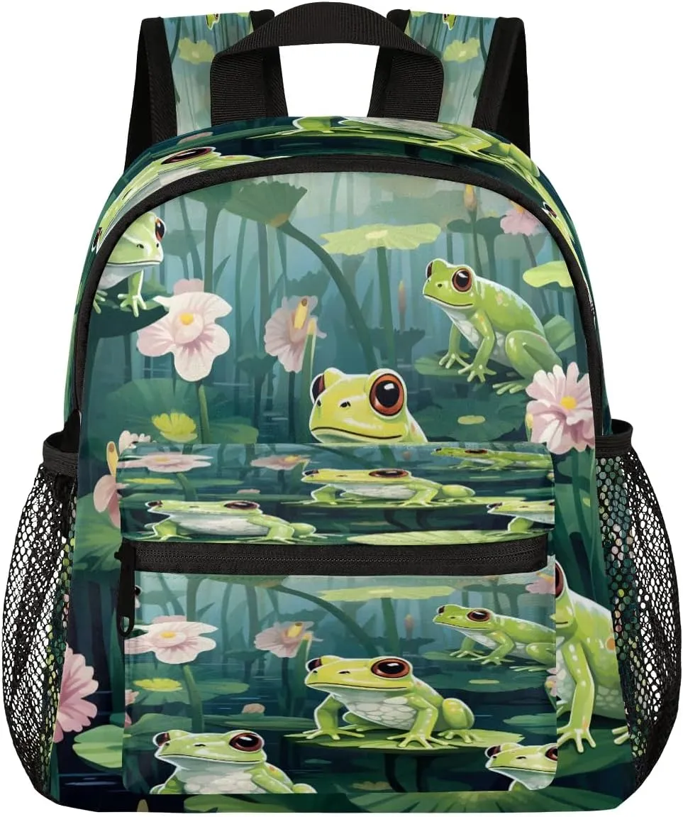 12 Inch Cute Mini Book Bag Small Backpack Multi Compartment Backpack With Chest Strap Lotus Waterproof Casual Daypack Travel Bag, Pond Green Frogs