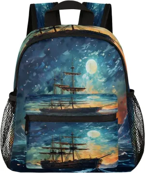 12 Inch Cute Mini Book Bag Small Backpack Multi Compartment Backpack With Chest Strap Maritime Waterproof Casual Daypack Travel Bag, Ocean Ship