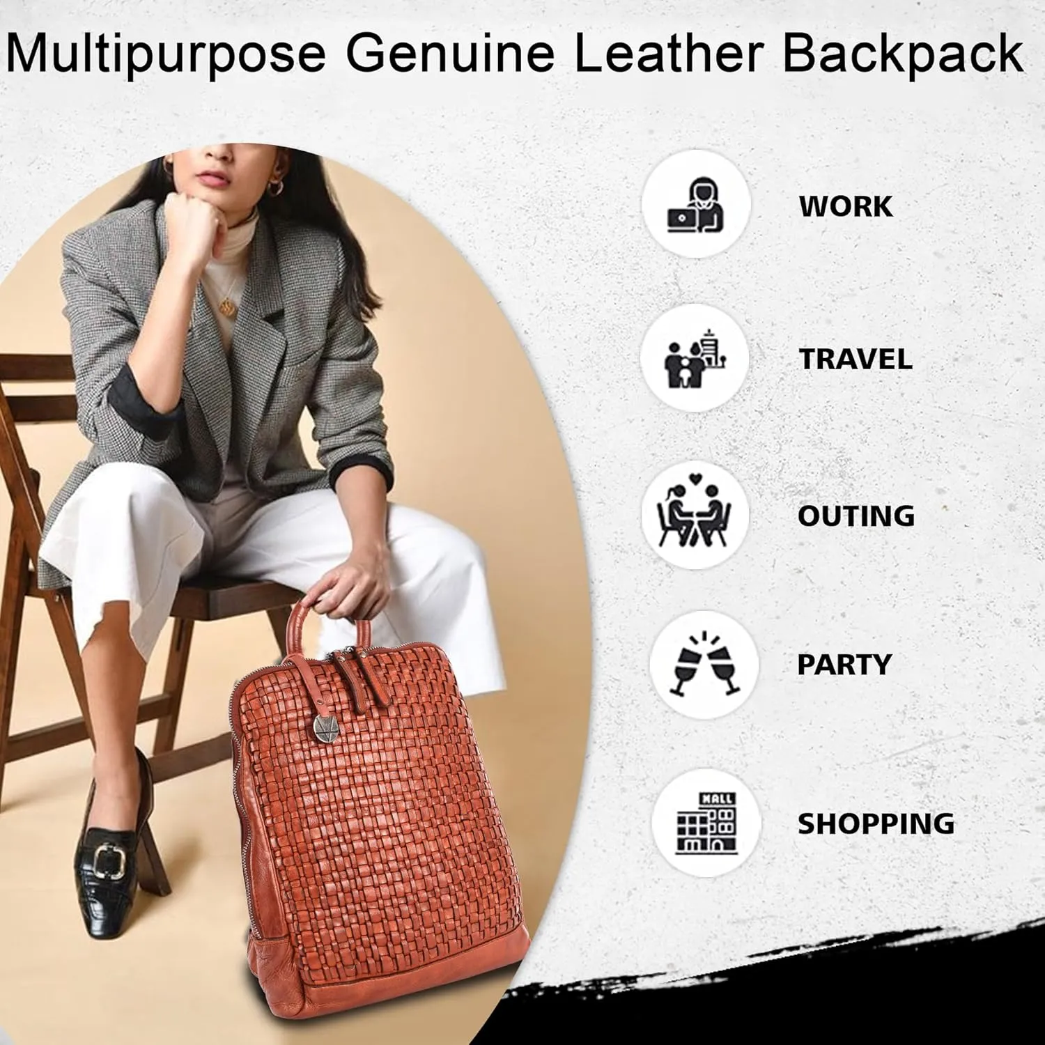 12.5 Inch Genuine Leather Backpack for Women and Men, Cognac Leather Backpack with Adjustable Shoulder Strap