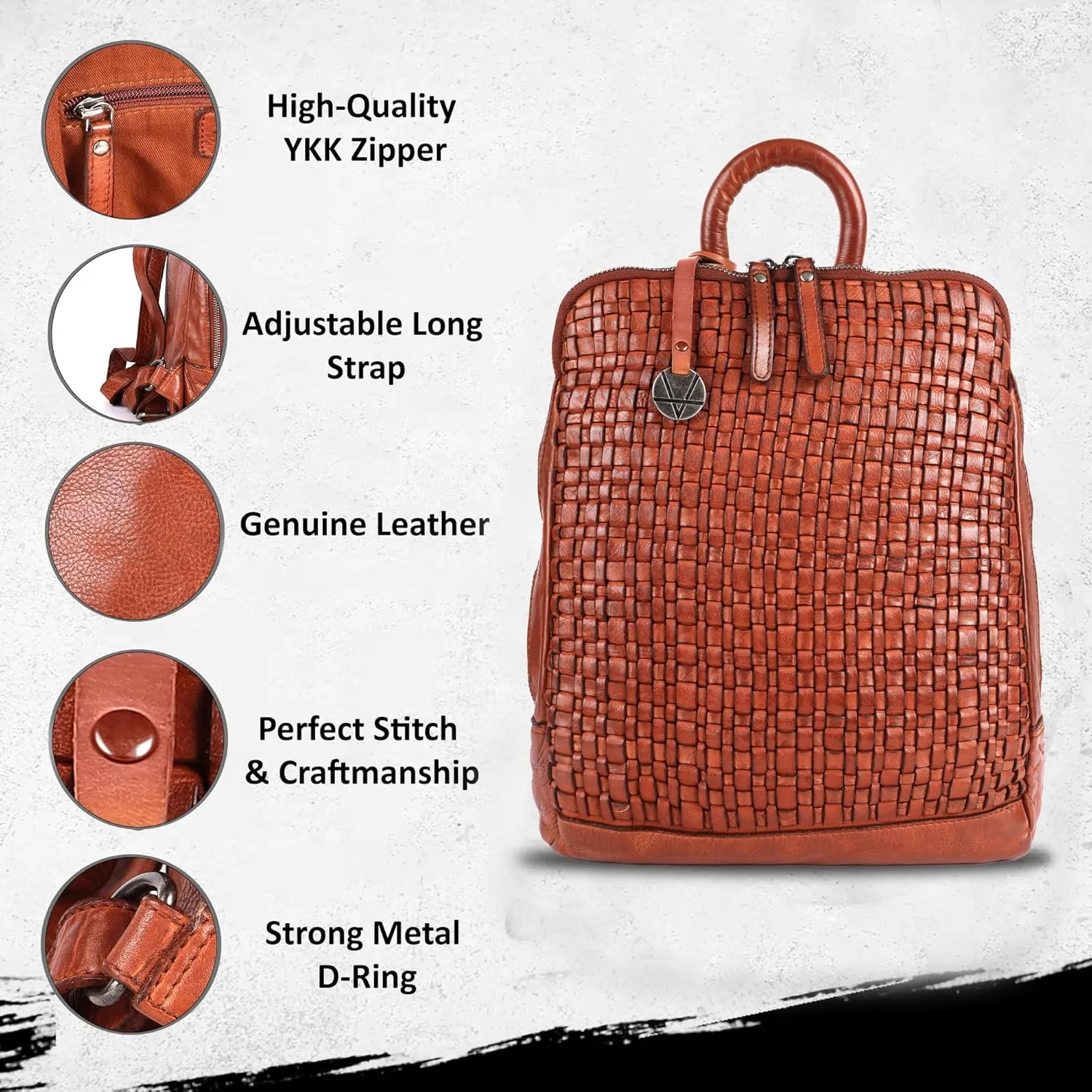 12.5 Inch Genuine Leather Backpack for Women and Men, Cognac Leather Backpack with Adjustable Shoulder Strap