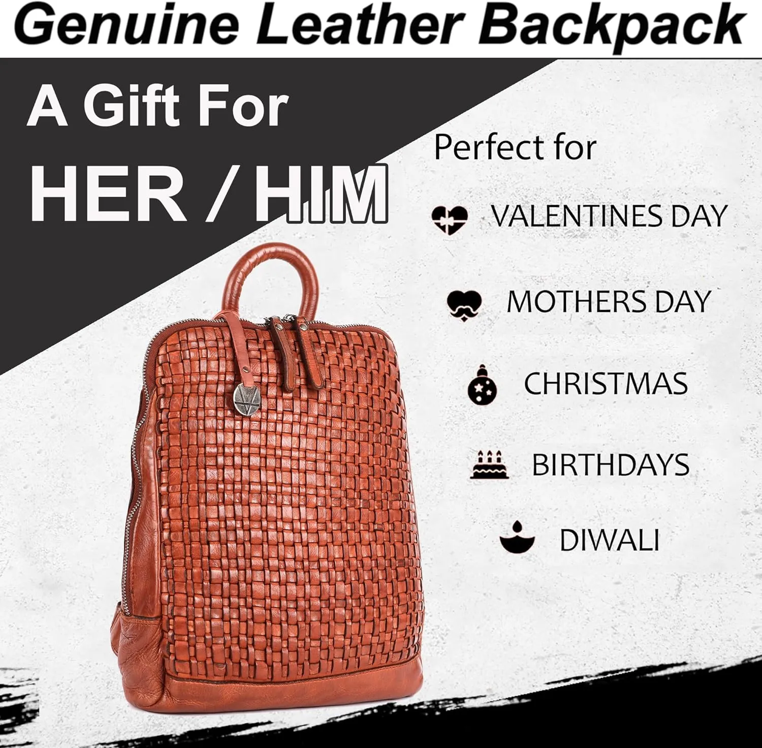 12.5 Inch Genuine Leather Backpack for Women and Men, Cognac Leather Backpack with Adjustable Shoulder Strap