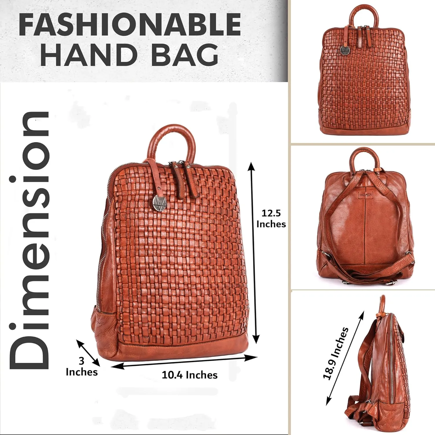 12.5 Inch Genuine Leather Backpack for Women and Men, Cognac Leather Backpack with Adjustable Shoulder Strap