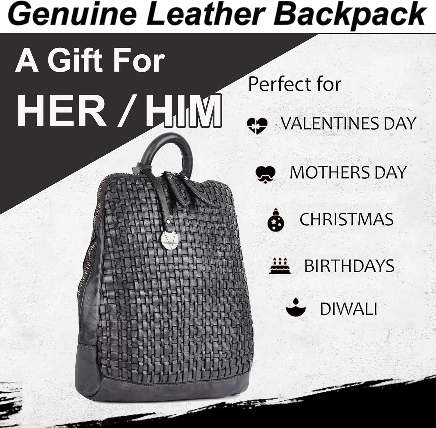 12.5 Inch Genuine Leather Backpack for Women and Men, Grey Leather Backpack with Adjustable Shoulder Strap