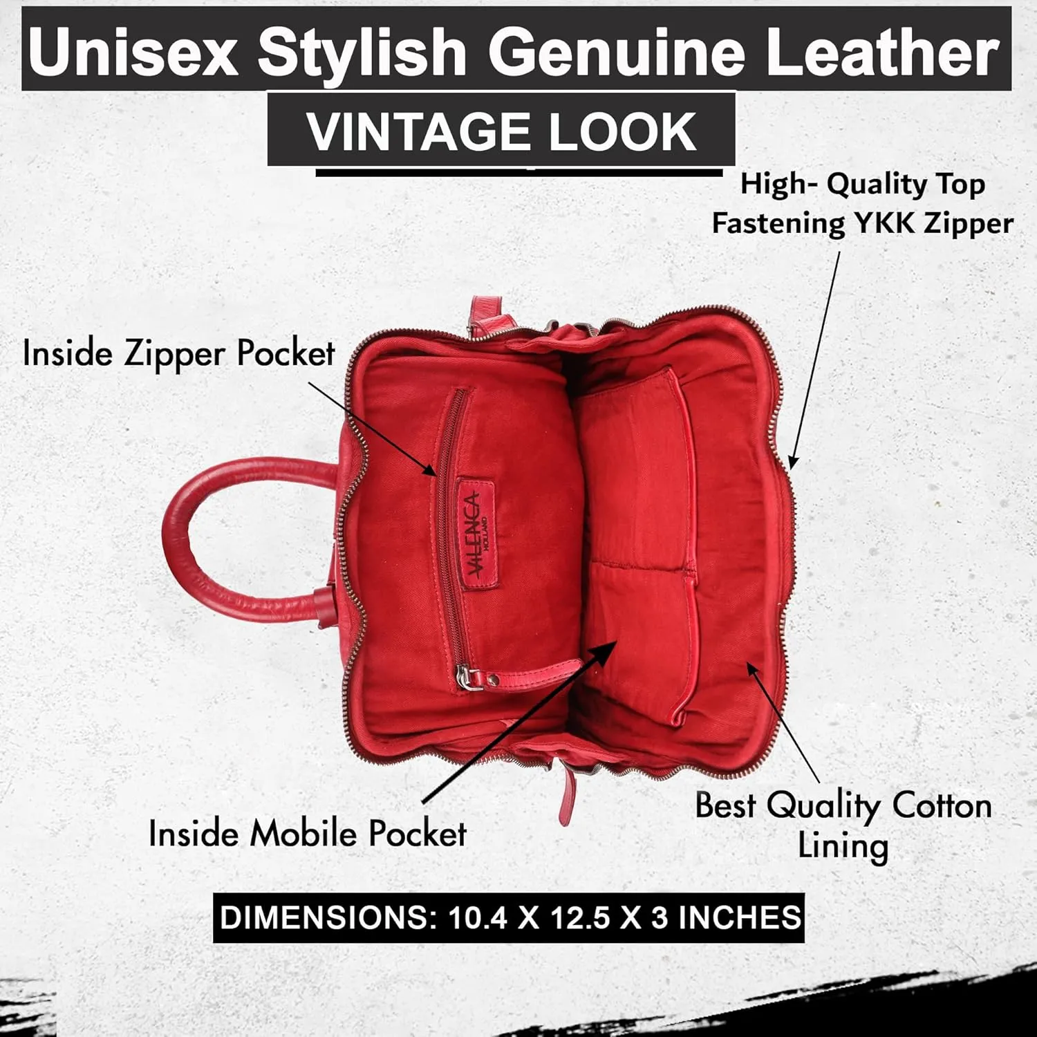 12.5 Inch Genuine Leather Backpack for Women and Men, Red Leather Backpack with Adjustable Shoulder Strap