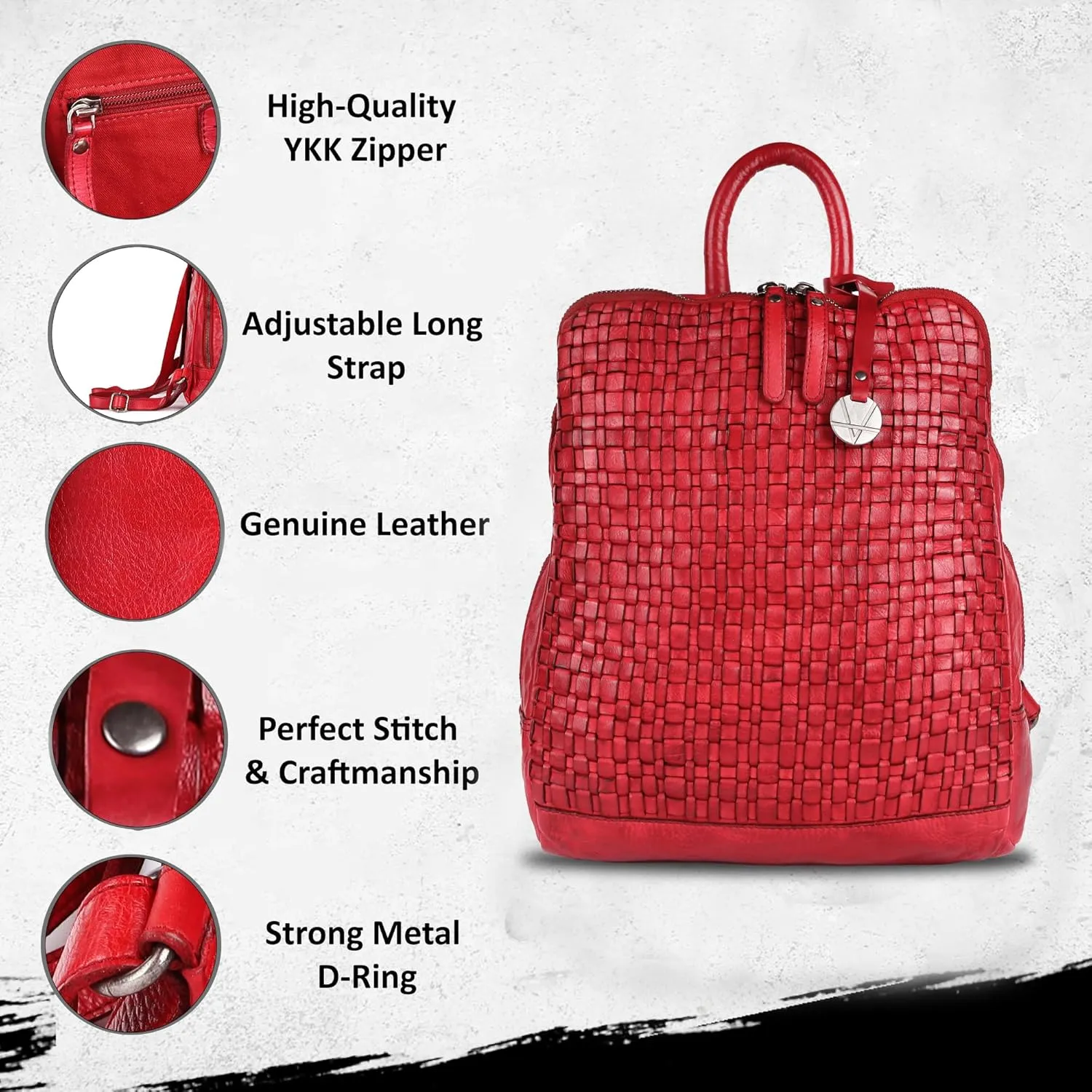 12.5 Inch Genuine Leather Backpack for Women and Men, Red Leather Backpack with Adjustable Shoulder Strap