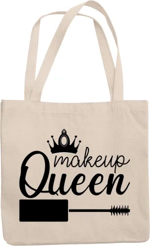 12oz Canvas Tote Bag - Makeup Queen with Mascara Applicator & Crown Design - Beauty Themed Merch for Makeup Artist or Cosmetologist, Gift for Makeup Lovers & Beauticians