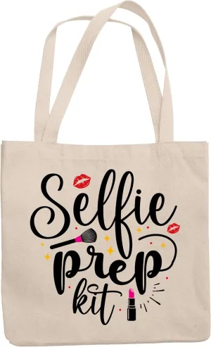 12oz Canvas Tote Bag - Selfie Prep Kit, Term for Cosmetics Bag w/Pink Lipstick, Smooch & Brush Design - Beauty Themed Merch for Makeup Artist or Cosmetologist, Gift for Makeup Lovers & Beauticians