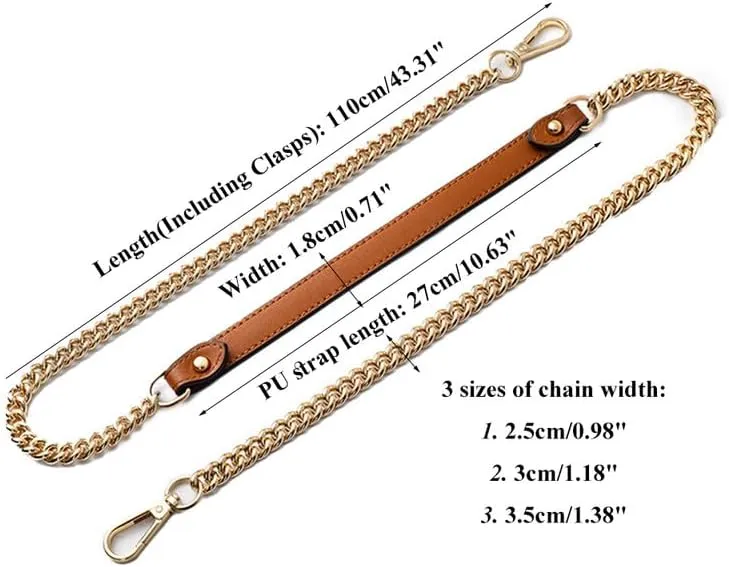 1.38" Width Iron Flat Chain Purse Chain Accessories Purse Straps Horseshoe Clasp Gold Chain(Red Brown)