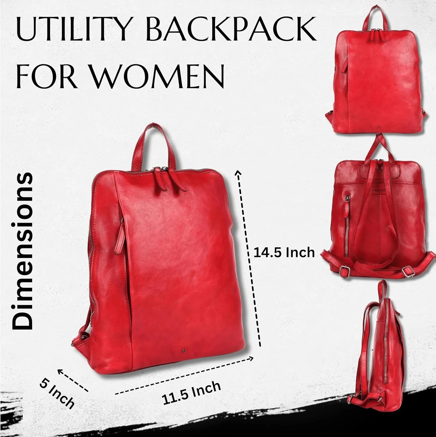 14.5 Inch Genuine Leather Backpack for Women and Men, Red Leather Backpack with Adjustable Shoulder Strap