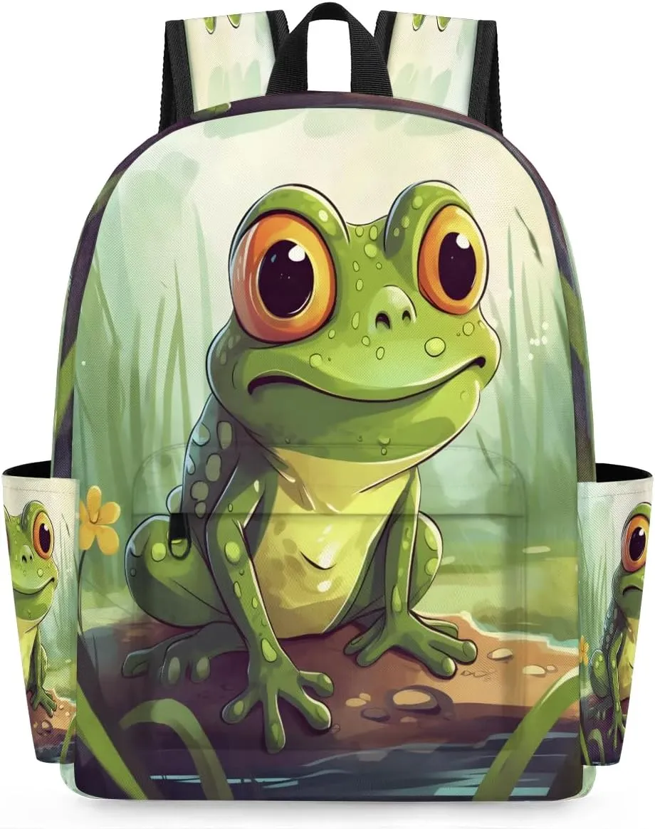 15.1 Inch Casual Backpack Green Frog Small Backpack with Multiple Pocket Waterproof Mini Bags Daypack with Chest Strap Cute Pond Frog Travel Bag