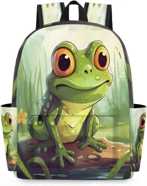 15.1 Inch Casual Backpack Green Frog Small Backpack with Multiple Pocket Waterproof Mini Bags Daypack with Chest Strap Cute Pond Frog Travel Bag