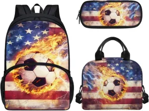 17 In Backpack Set for Teen Boys Girls America Flag Lightning Soccer Pattern Bookbags School Backpack with Insulated Lunch Box and Pencil Case 3 in 1 School Bags Set Gift
