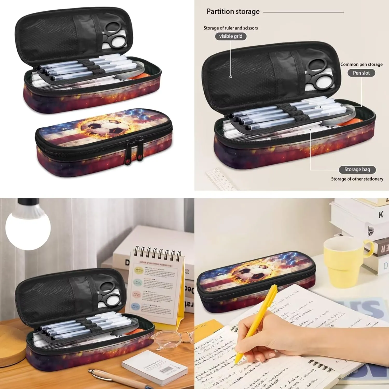 17 In Backpack Set for Teen Boys Girls America Flag Lightning Soccer Pattern Bookbags School Backpack with Insulated Lunch Box and Pencil Case 3 in 1 School Bags Set Gift