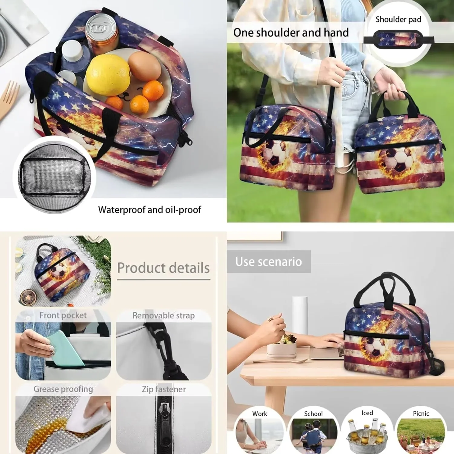 17 In Backpack Set for Teen Boys Girls America Flag Lightning Soccer Pattern Bookbags School Backpack with Insulated Lunch Box and Pencil Case 3 in 1 School Bags Set Gift