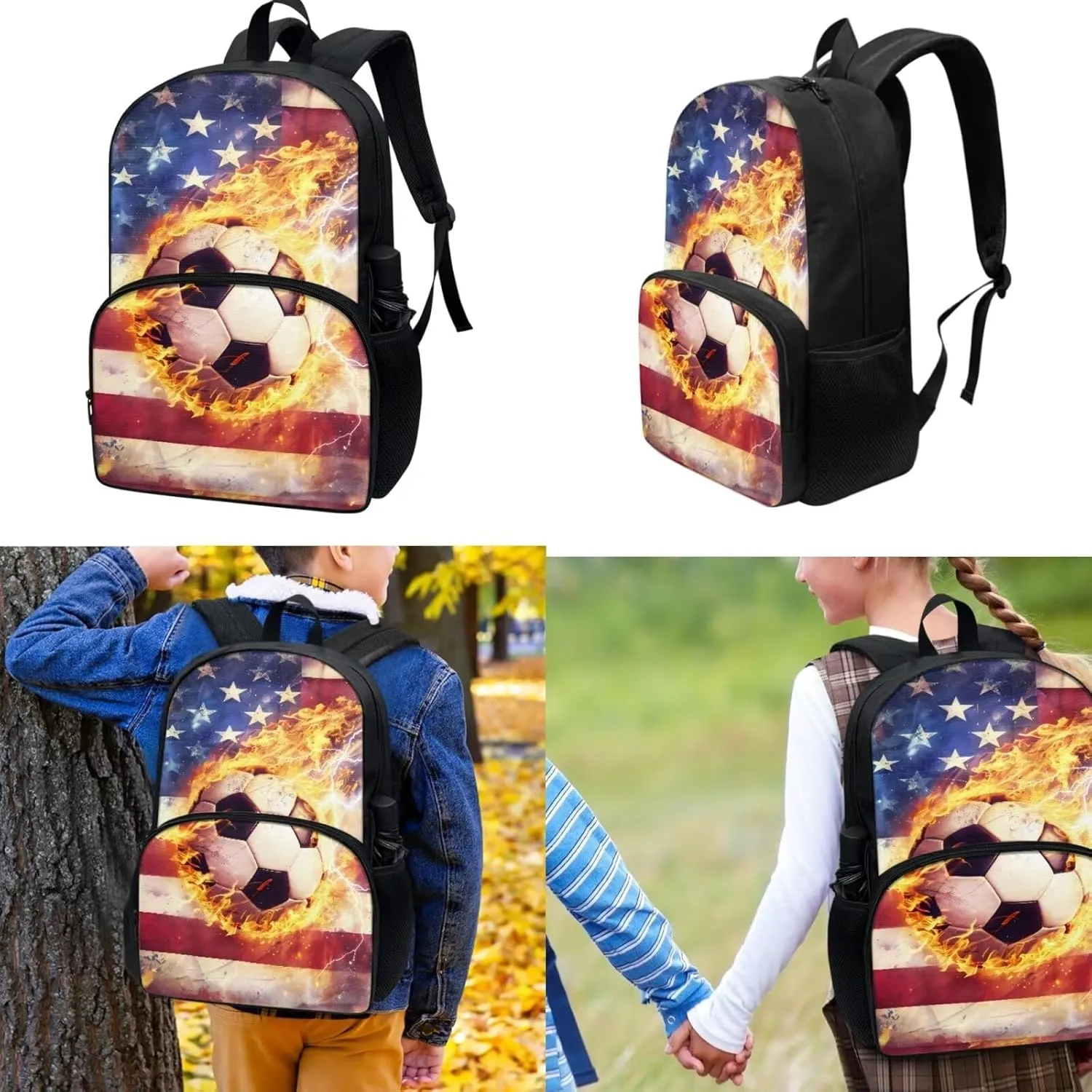 17 In Backpack Set for Teen Boys Girls America Flag Lightning Soccer Pattern Bookbags School Backpack with Insulated Lunch Box and Pencil Case 3 in 1 School Bags Set Gift