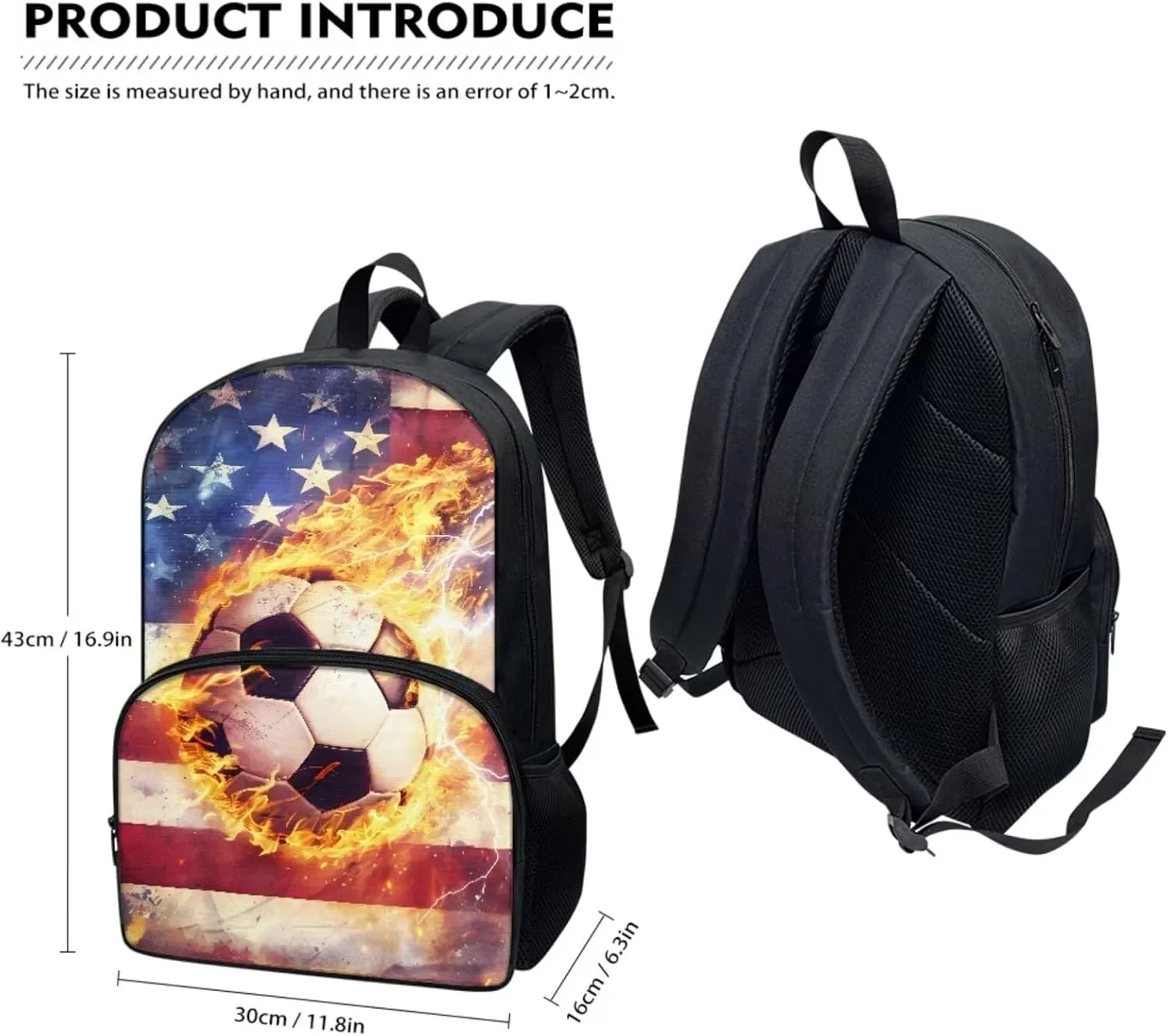 17 In Backpack Set for Teen Boys Girls America Flag Lightning Soccer Pattern Bookbags School Backpack with Insulated Lunch Box and Pencil Case 3 in 1 School Bags Set Gift
