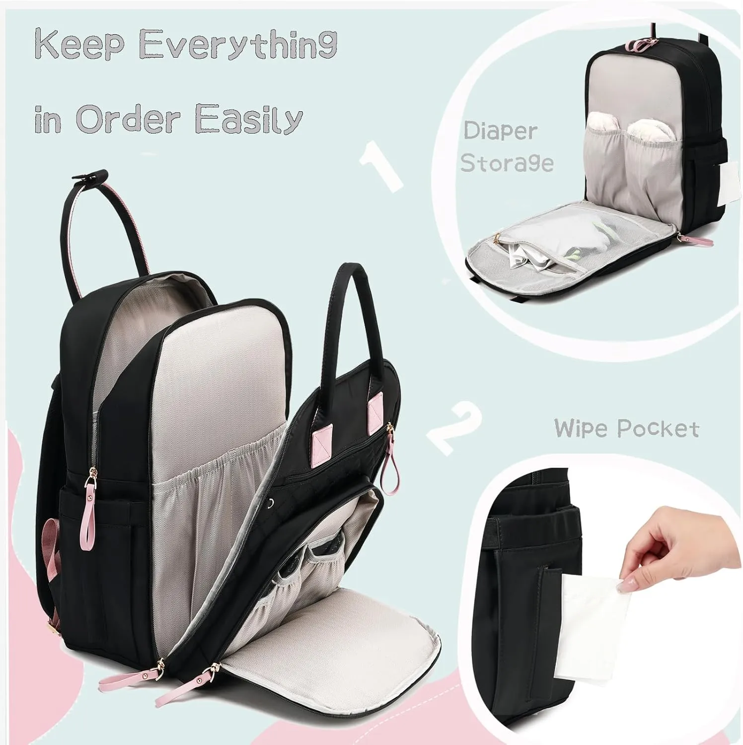 18 Pockets Diaper Bag Backpack with Waterproof Pockets and Stroller Buckle, Convertible Tote Bag (Beige)