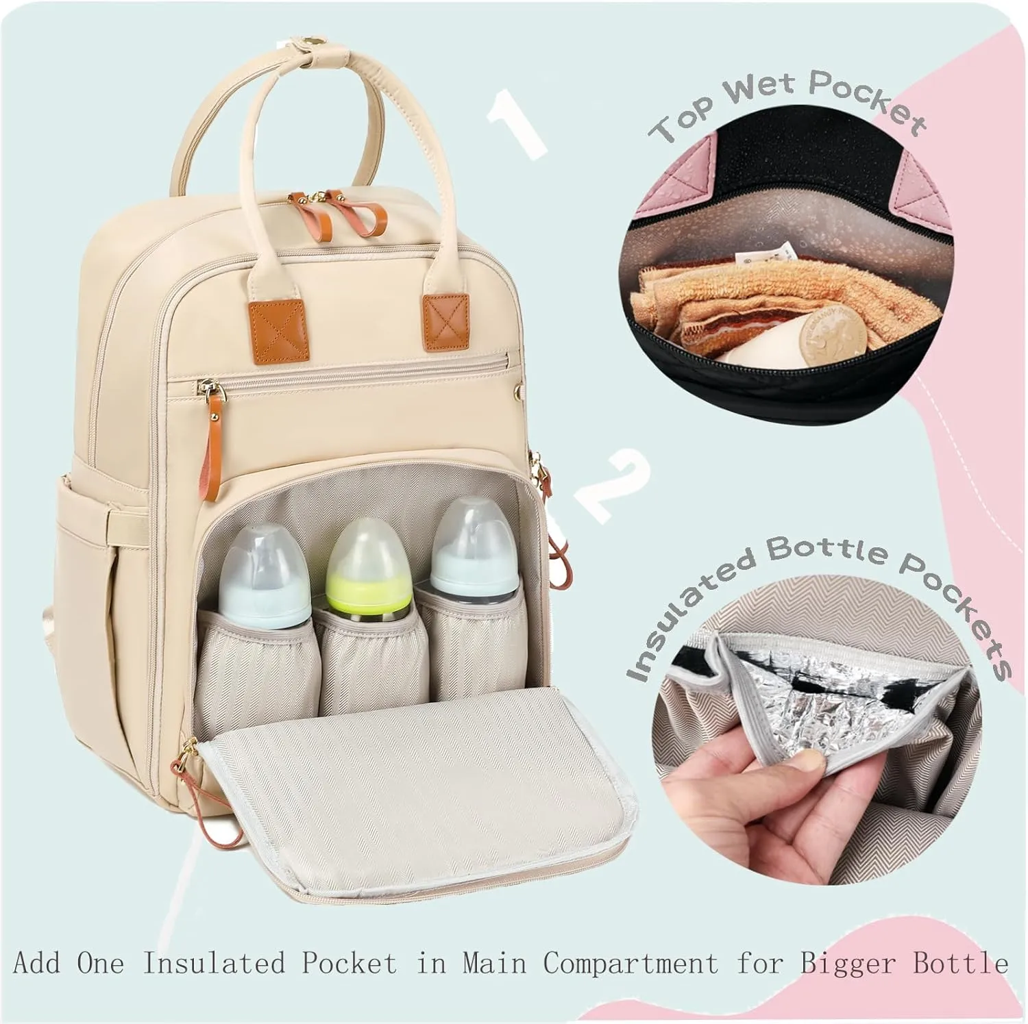 18 Pockets Diaper Bag Backpack with Waterproof Pockets and Stroller Buckle, Convertible Tote Bag (Beige)