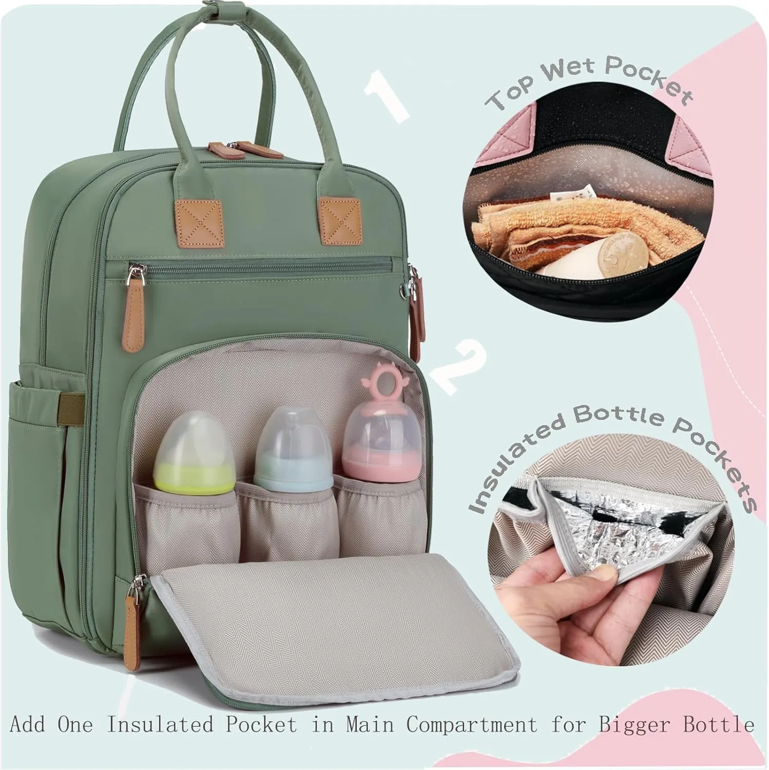 18 Pockets Diaper Bag Backpack with Waterproof Pockets and Stroller Buckle, Convertible Tote Bag (Green)