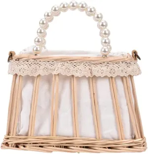 1Pc Khaki Pearl Square Straw Crossbody Bag for Women Stylish Woven Beach Tote Versatile Handbag Shoulder Bag for Travel Shopping and Vacations