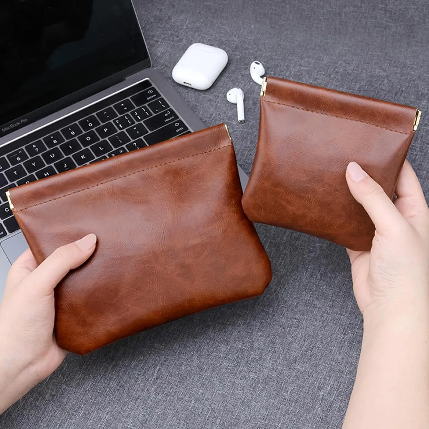 2 PCS Small Makeup Bag for Purse,Premium Leather Small Makeup Pouch Purse,Mini Cosmetic Bag for Travel,Portable Travel Pouch with Quick Access Design,Neutral,elegant and stylish(Mocha Brown)
