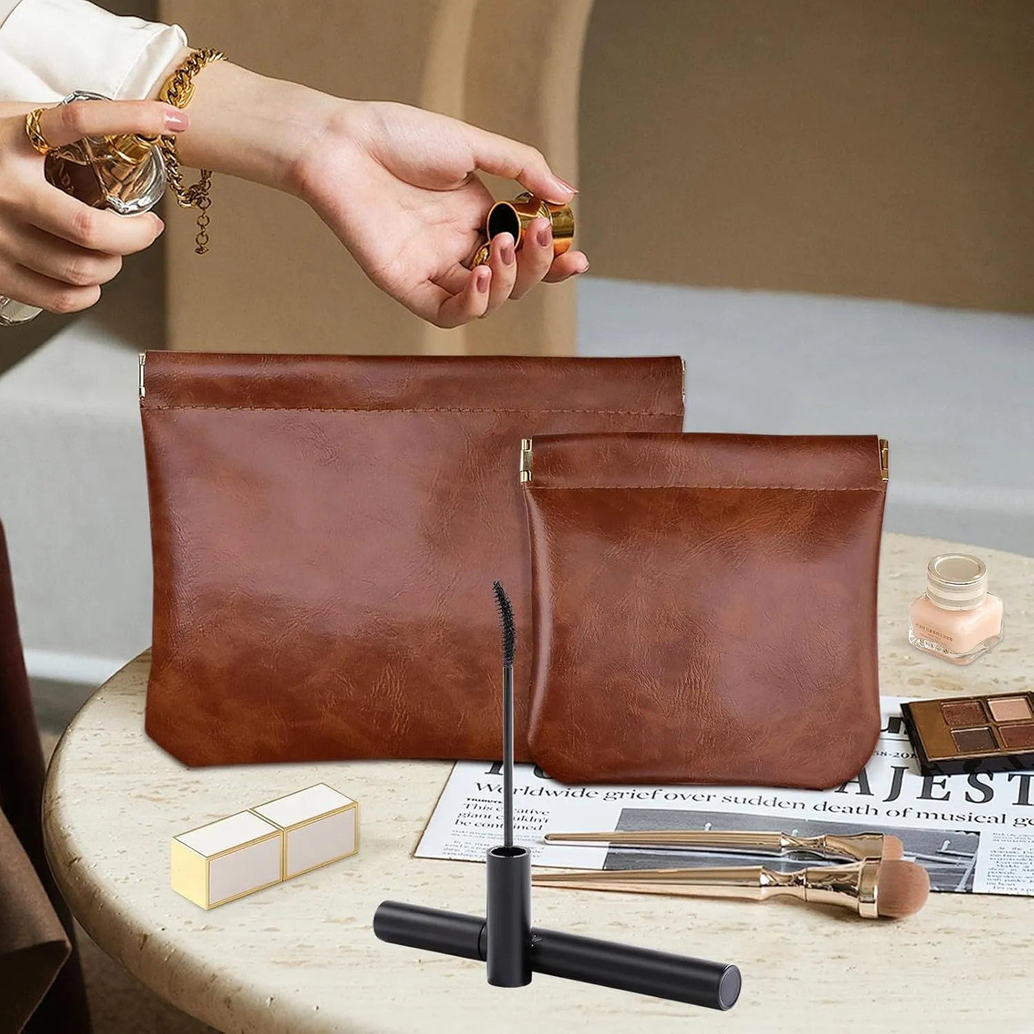 2 PCS Small Makeup Bag for Purse,Premium Leather Small Makeup Pouch Purse,Mini Cosmetic Bag for Travel,Portable Travel Pouch with Quick Access Design,Neutral,elegant and stylish(Mocha Brown)
