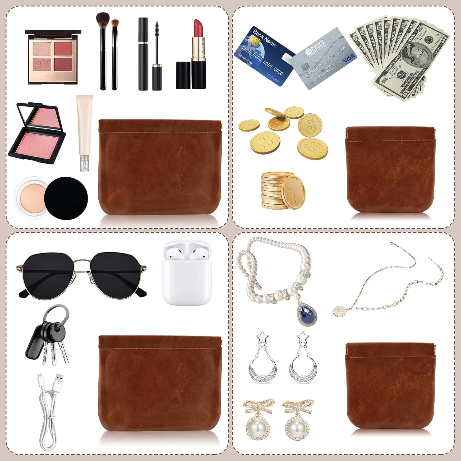 2 PCS Small Makeup Bag for Purse,Premium Leather Small Makeup Pouch Purse,Mini Cosmetic Bag for Travel,Portable Travel Pouch with Quick Access Design,Neutral,elegant and stylish(Mocha Brown)