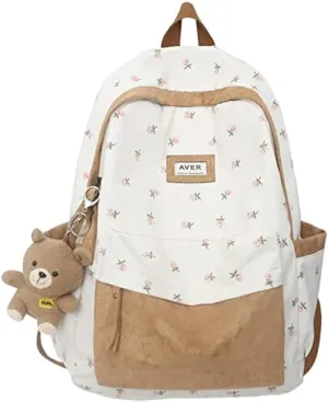 2025 Cute Preppy Bag Floral Printed Kawaii Backpack Cottagecore Aesthetic Backpack Laptop Daypack (Brown)