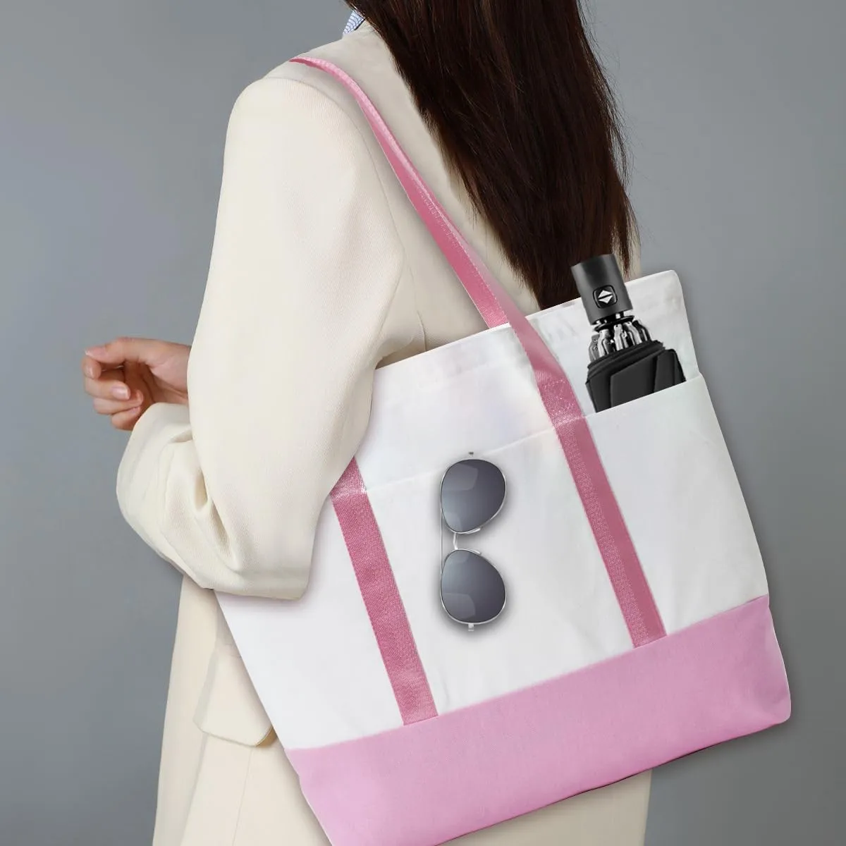 21in Heavy duty large canvas totes bag 12oz reusable zippered grocery shopping bag, extra large totes bag for women