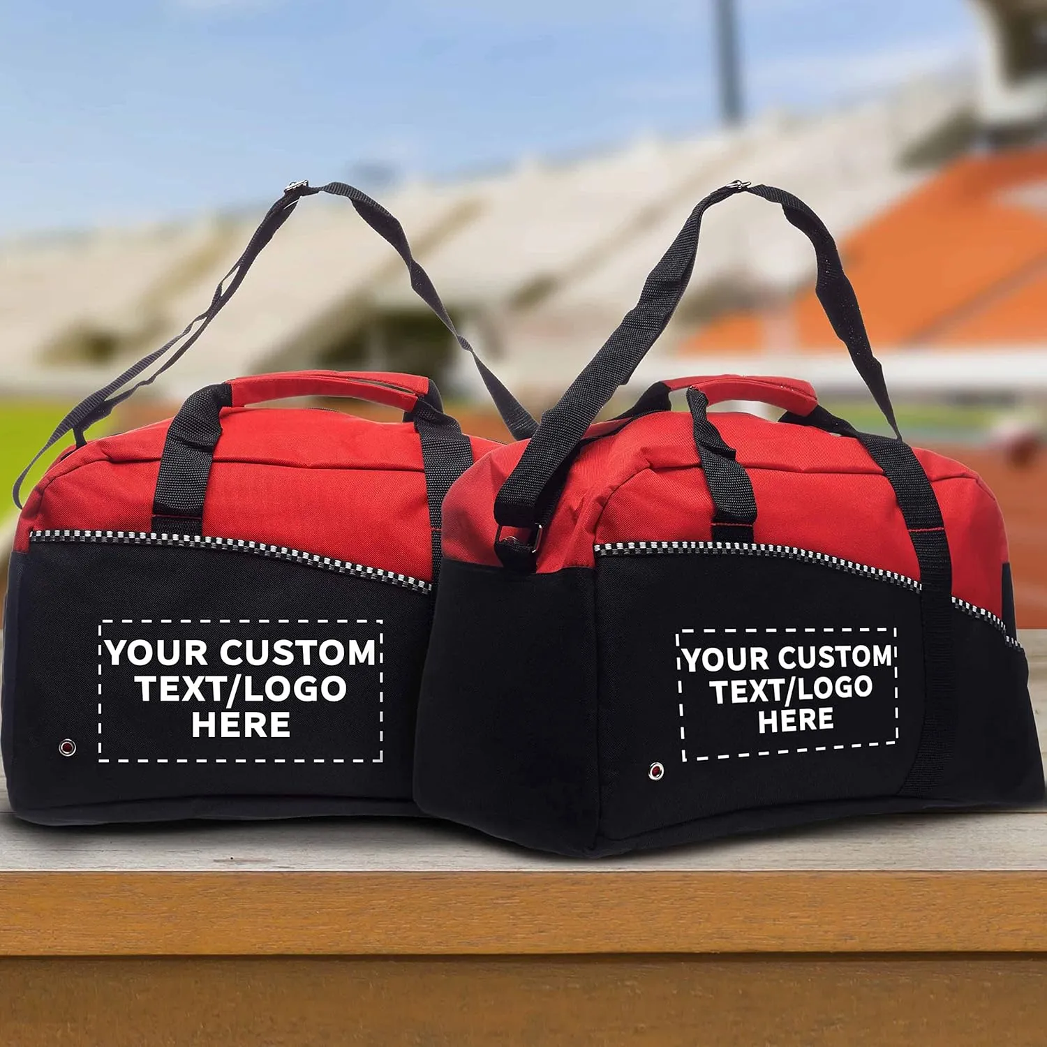 24 Center Court Duffel Bags Set - Customizable Text, Logo - Polyester, Zippered, Front Pocket, Adjustable Strap - Red
