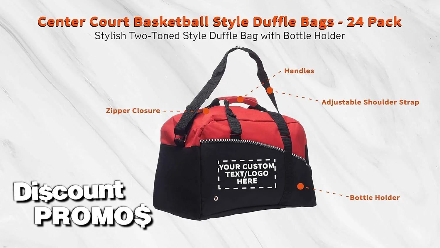 24 Center Court Duffel Bags Set - Customizable Text, Logo - Polyester, Zippered, Front Pocket, Adjustable Strap - Red