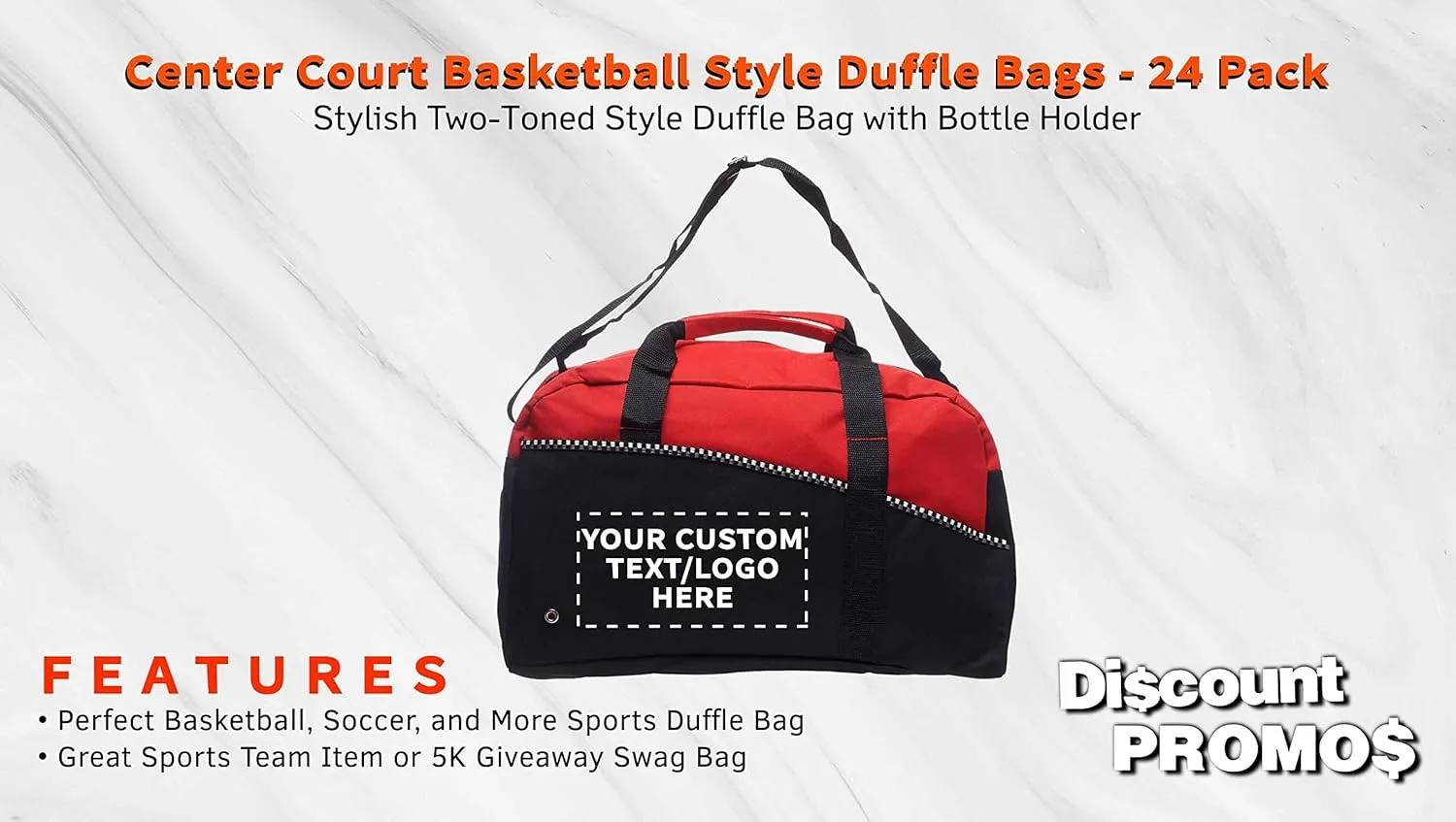 24 Center Court Duffel Bags Set - Customizable Text, Logo - Polyester, Zippered, Front Pocket, Adjustable Strap - Red