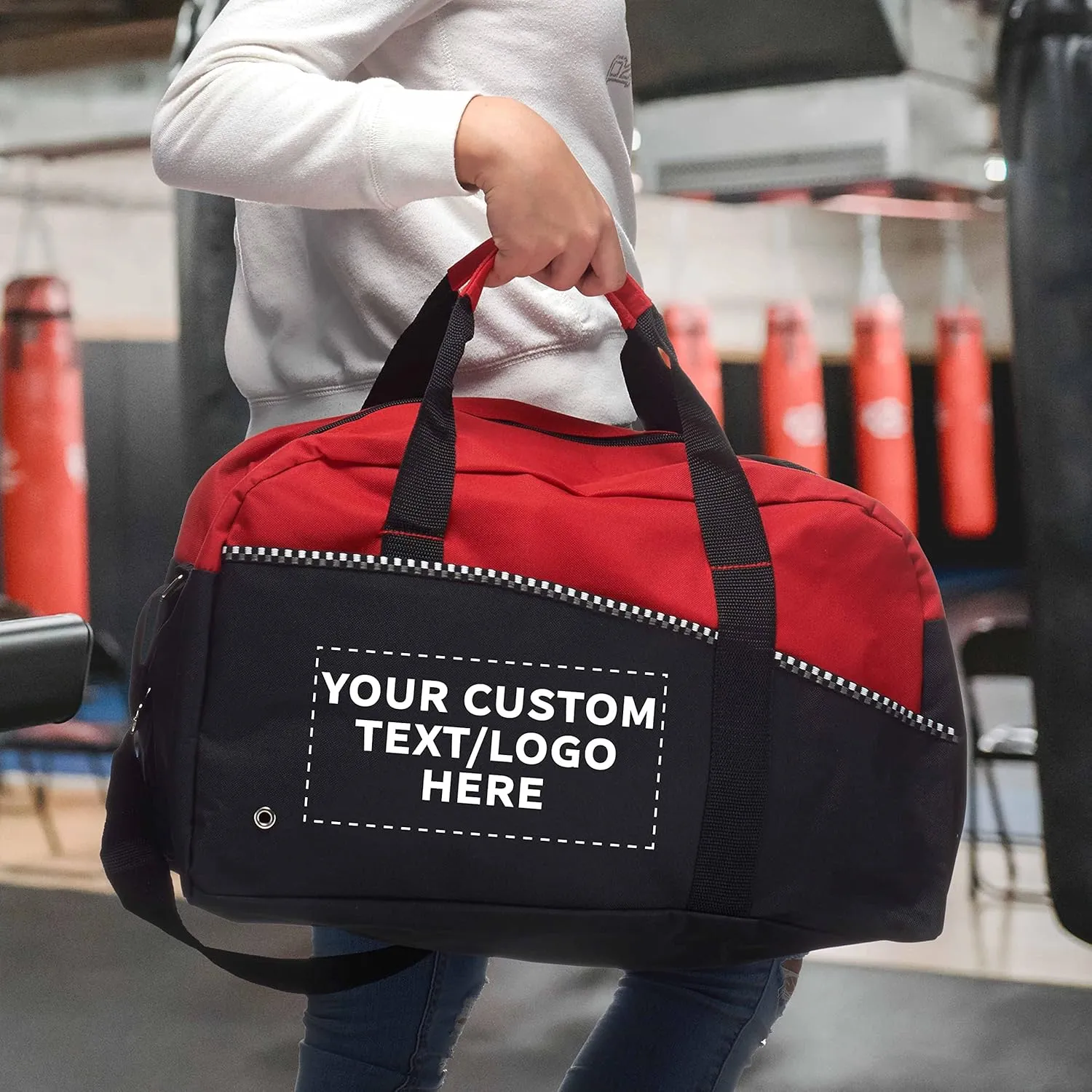 24 Center Court Duffel Bags Set - Customizable Text, Logo - Polyester, Zippered, Front Pocket, Adjustable Strap - Red