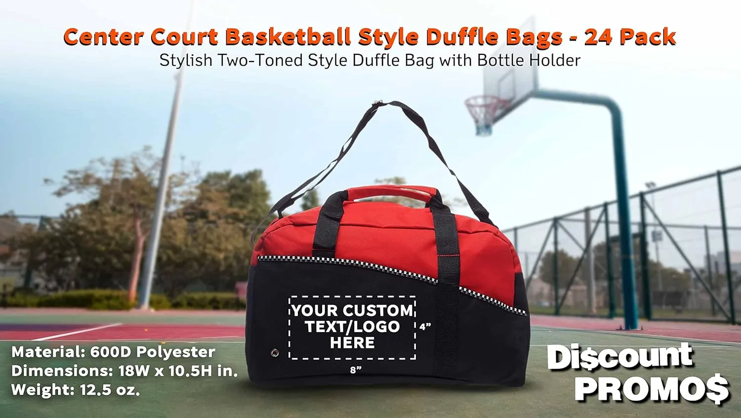 24 Center Court Duffel Bags Set - Customizable Text, Logo - Polyester, Zippered, Front Pocket, Adjustable Strap - Red