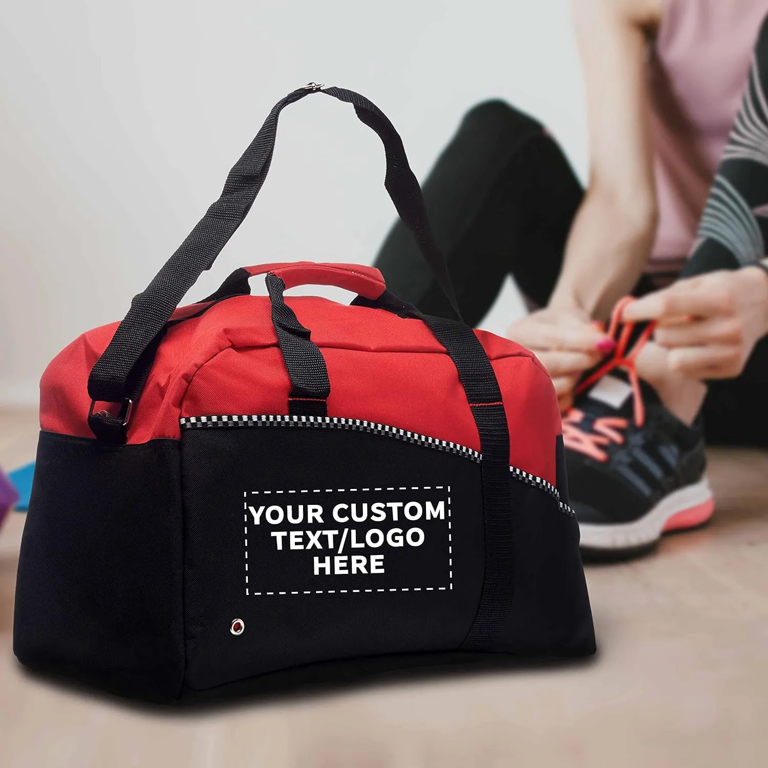 24 Center Court Duffel Bags Set - Customizable Text, Logo - Polyester, Zippered, Front Pocket, Adjustable Strap - Red