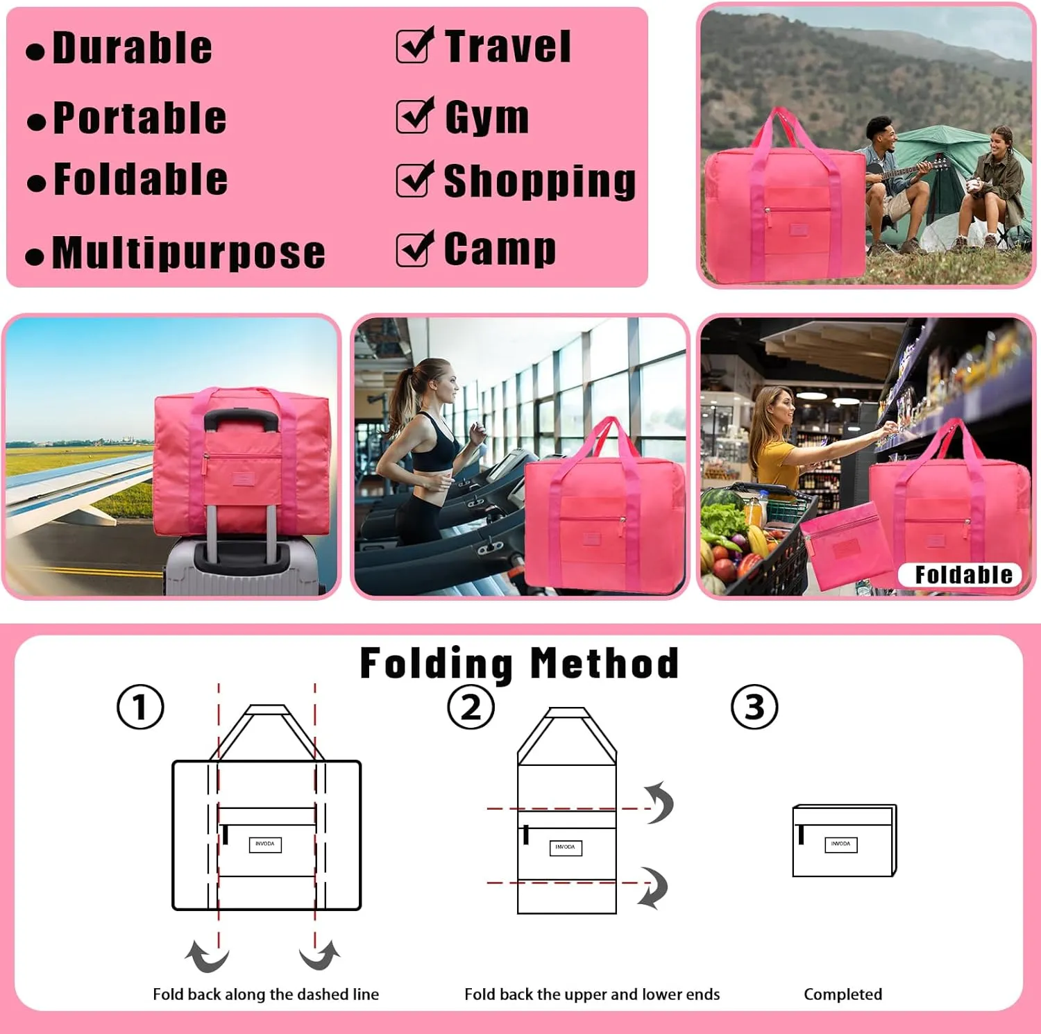 2PCS Travel Bag Foldable Luggage Bag for Spirit Airlines Tote Carry on Duffle Bag Sports Gym Water Resistant Personal Item Bag Weekender Overnight Bags (Red Black)