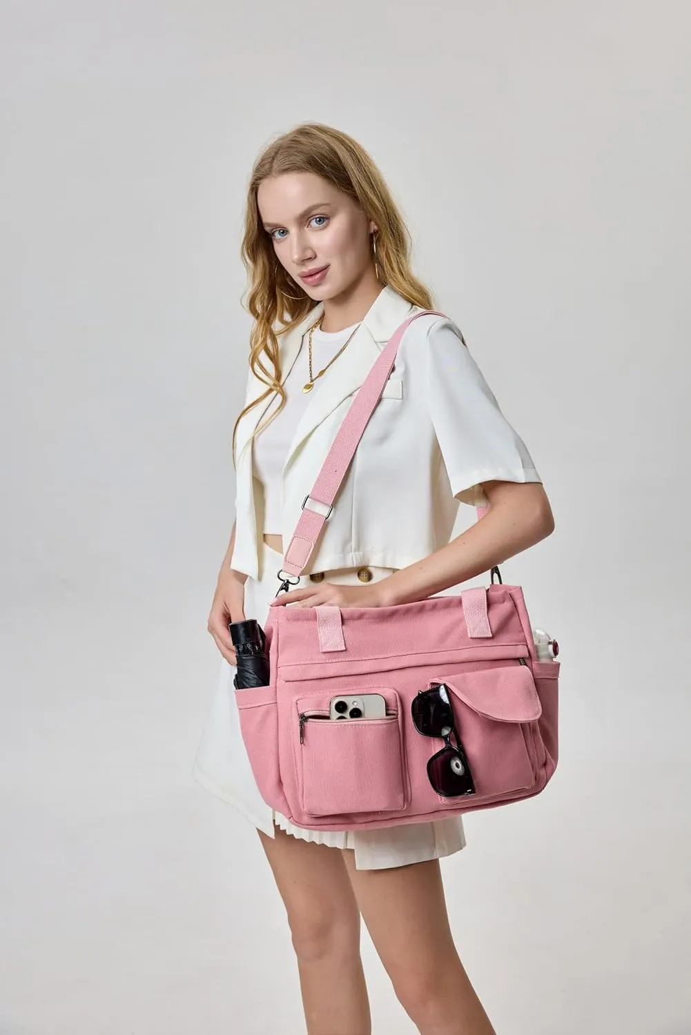 2Pcs/Set Large Canvas Tote Bag for Women, Laptop Work Bags Crossbody Shoulder Hobo Messenger Handbag Purse Travel Gym Totes