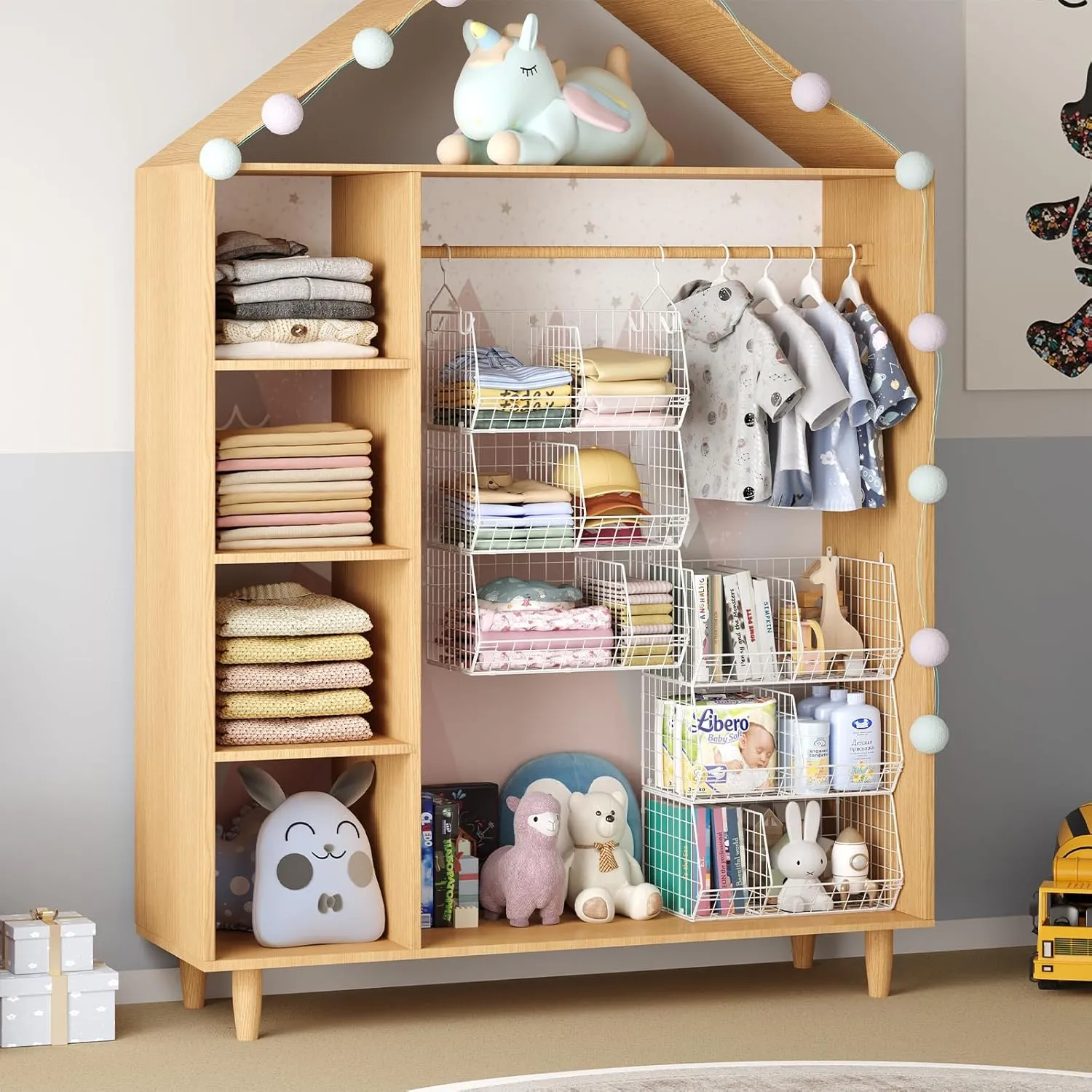 3 Tier Closet Hanging Shelves with Divider, Extra Large Closets Organizers and Storage with 5 S Hooks, Clothes Organizer Clothing Sweaters Shoes Handbags Clutches Accessories-White