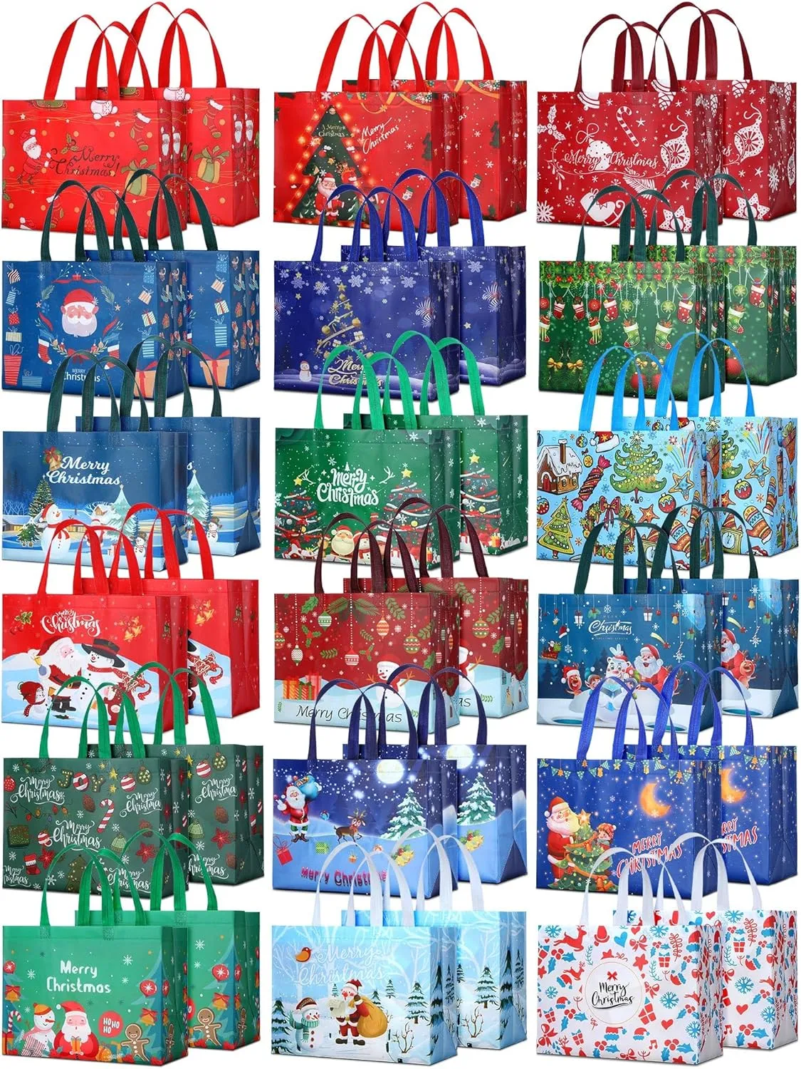 36 Pcs Reusable Gift Bags - Large Christmas Tote Bags with Handles - Grocery Shopping Totes - Gift Wrap Bags for Holiday & Xmas Party Favors, 12.6'' x 9.84'' x 6.69'', 18 Styles