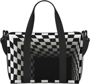 3d Black and White Checkerboard Tunnel Travel Bag for Women Men Weekender Bags Carry on Overnight Bag Tote Bag Yoga Gym Bag for Gym, Work, Weekend, Travel, Personal Items