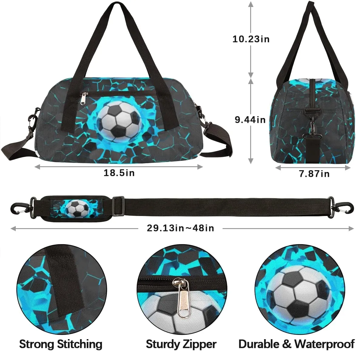 3d Light Wall Football Kids Overnight Duffle Bags Boys Girls Soccer Teen Sports Gym Bag for Weekender Travel Gymnastics Dance Ballet