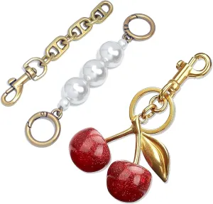 3PCS Vintage Pearl Bag Extender Chain Purse Strap Extenders Sweet Cherry Bag Charm Keychain Purse Handbags