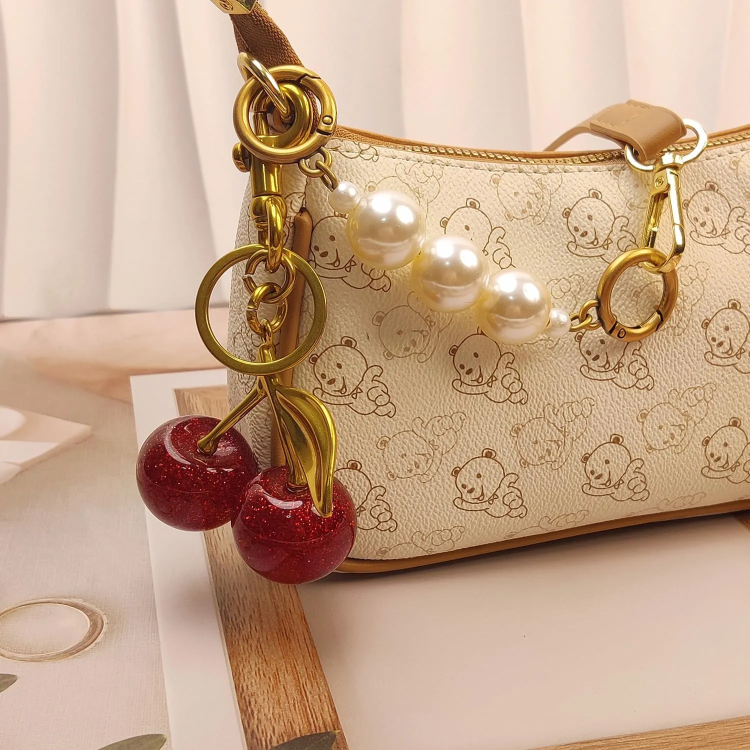 3PCS Vintage Pearl Bag Extender Chain Purse Strap Extenders Sweet Cherry Bag Charm Keychain Purse Handbags