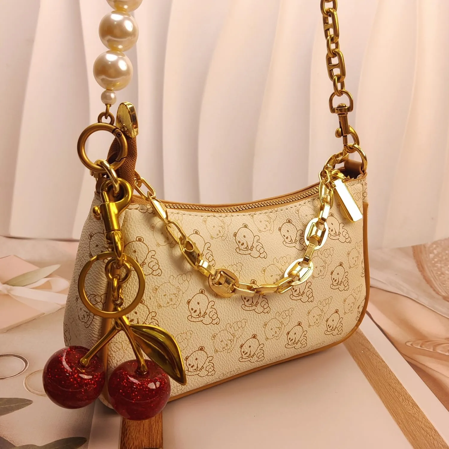 3PCS Vintage Pearl Bag Extender Chain Purse Strap Extenders Sweet Cherry Bag Charm Keychain Purse Handbags