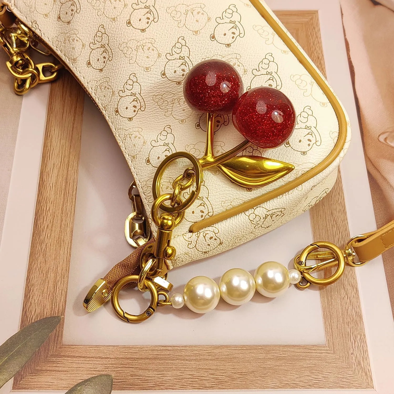 3PCS Vintage Pearl Bag Extender Chain Purse Strap Extenders Sweet Cherry Bag Charm Keychain Purse Handbags