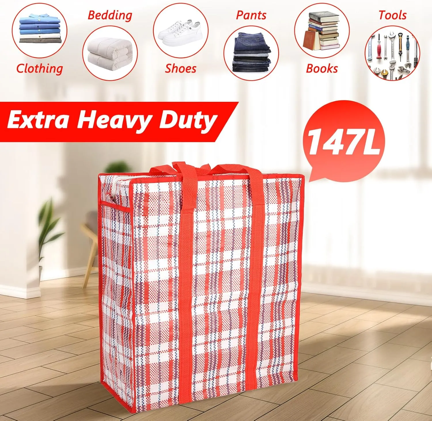 4-Pack Extra Large Moving Bags - Oversize Organizer Storage Bags With Durable Zippers, Waterproof Carrying Handles for Camping Bedding, Red